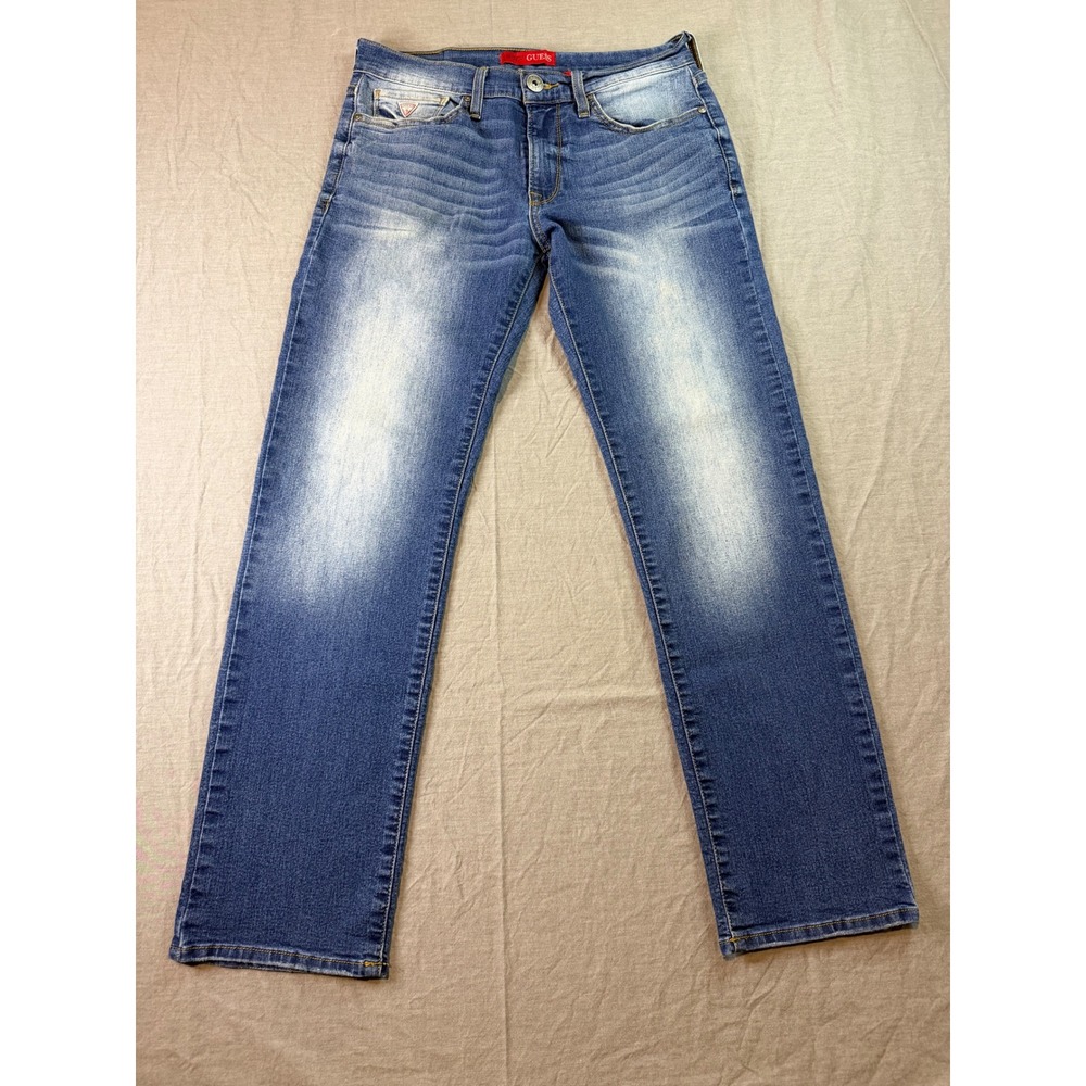 GUESS Lincoln Slim Straight Jeans Medium Wash‎ Distressed Denim Mens 31x30 Faded